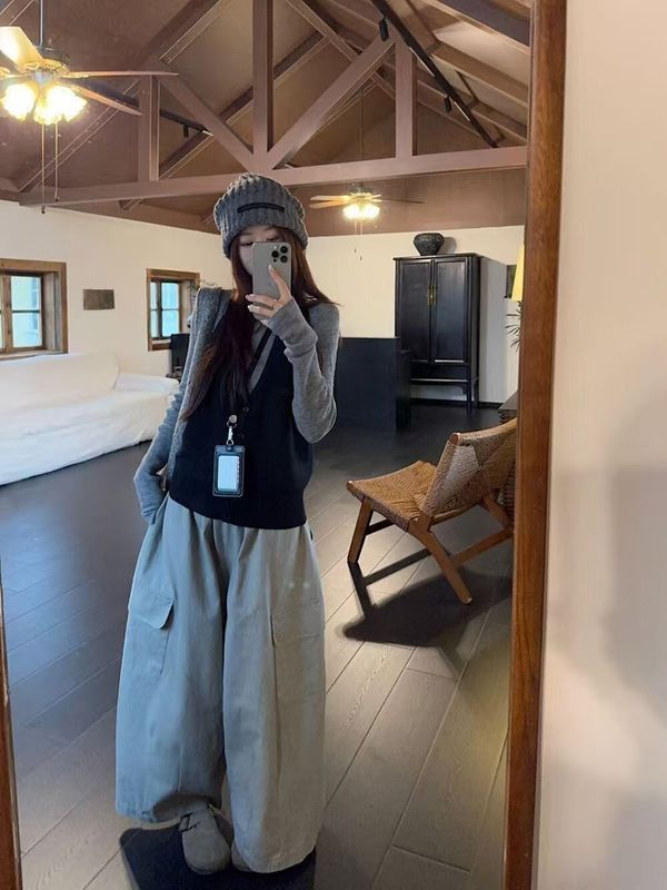 孕妇装早秋韩系穿搭一整套女秋季2025新款灰色长袖上衣阔腿裤套装|undefined
