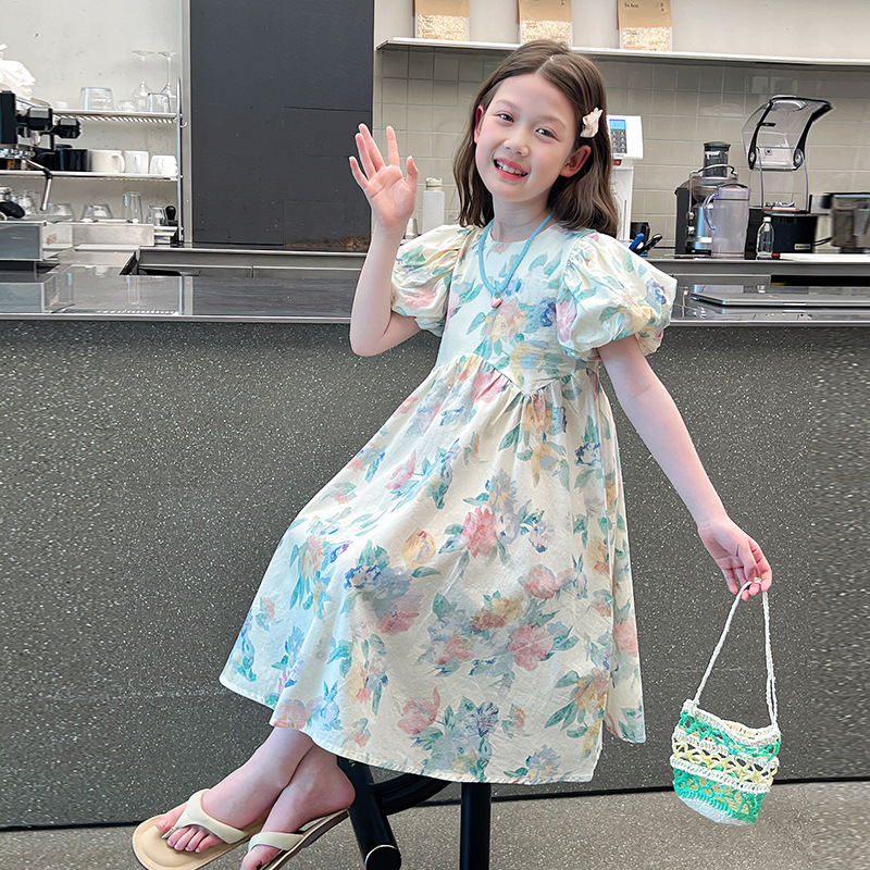 Big Girl's Puff Sleeve Floral Princess Dress Short-Sleeved Dress Bohemian Long Dress 2025 Summer New Style