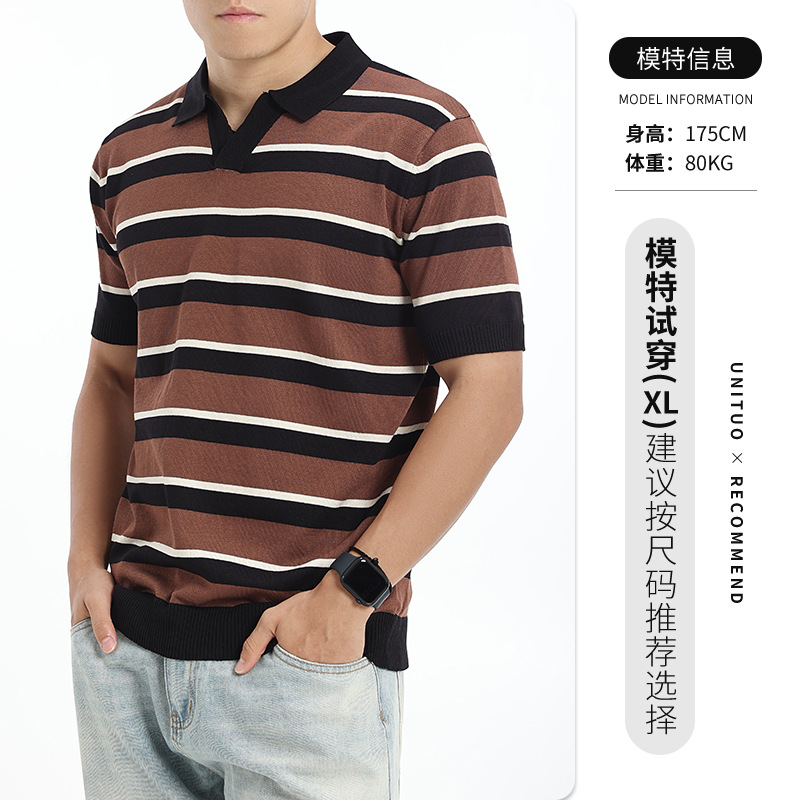 Europa y Estados Unidos transfronterizos hielo de punto polo camiseta de hombre de alto nivel de negocios ocio rayas de verano de manga corta camiseta