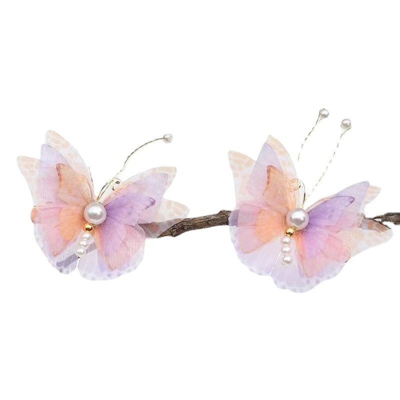 Antique Hair Accessories Mesh Butterfly diy Jewelry Pearl Hairpin Simulation 3 Layer Tulle Butterfly Hairpin Headwear Accessories