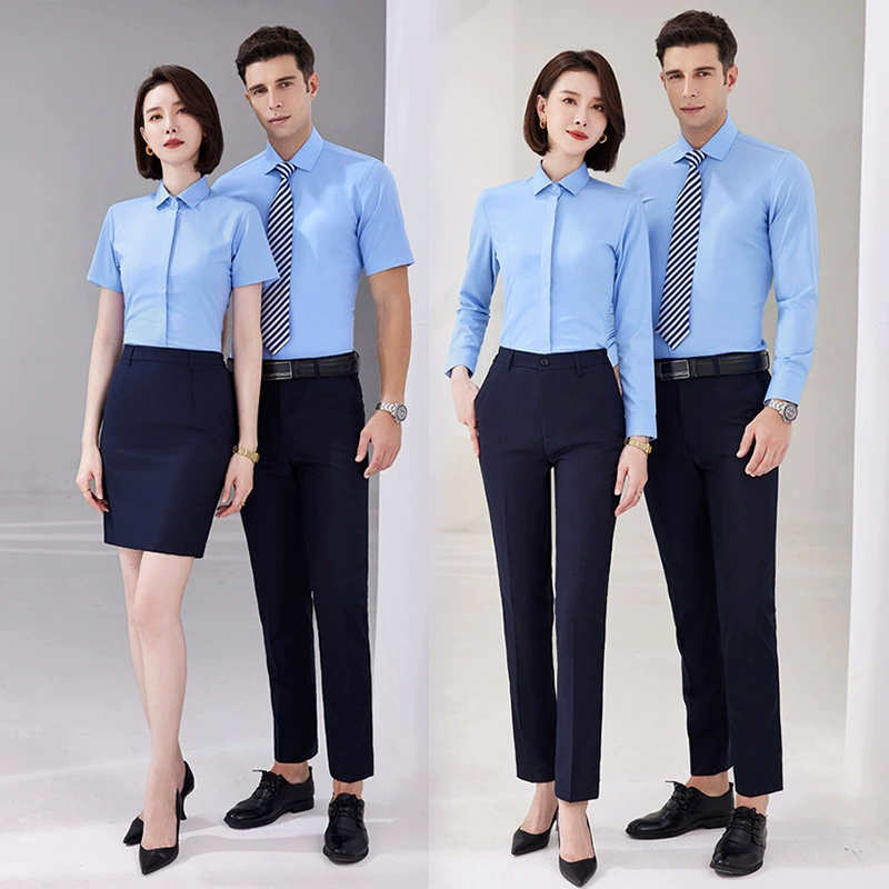Высококачественная светло-голубая рубашка деловой костюм с длинными короткими рукавами для мужчин и женщин Рабочая одежда для недвижимости профессиональная рубашка с логотипом на заказ
