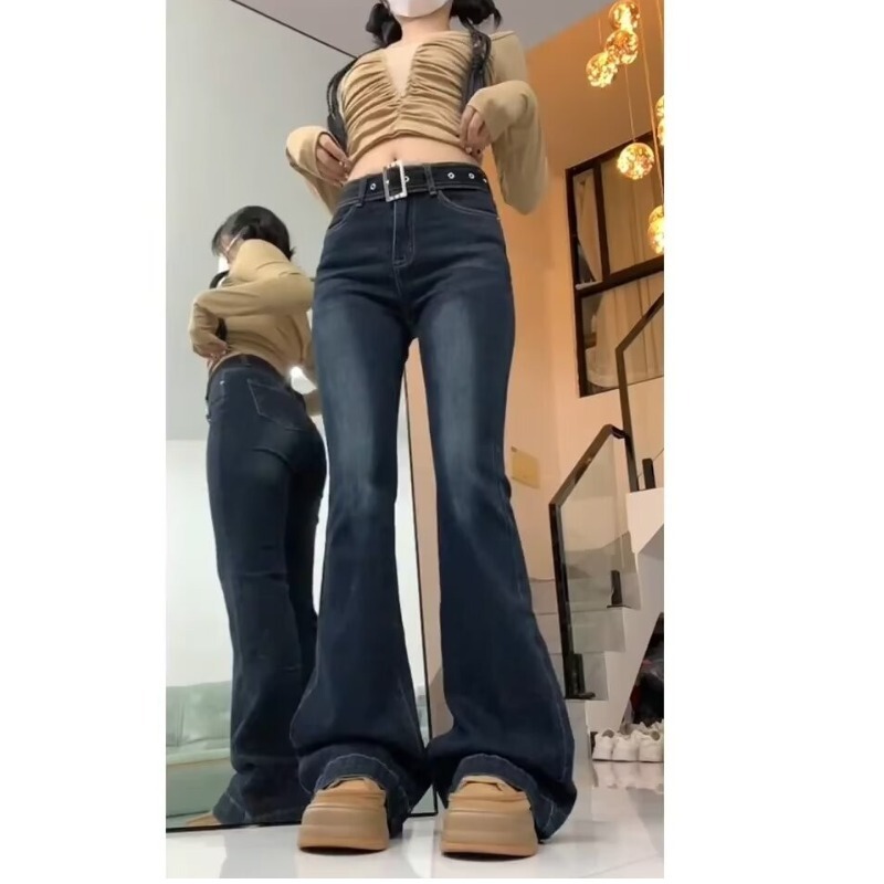 喇叭裤女2025年春秋装新款高腰显瘦修身设计感爆款腰带微喇牛仔裤|undefined