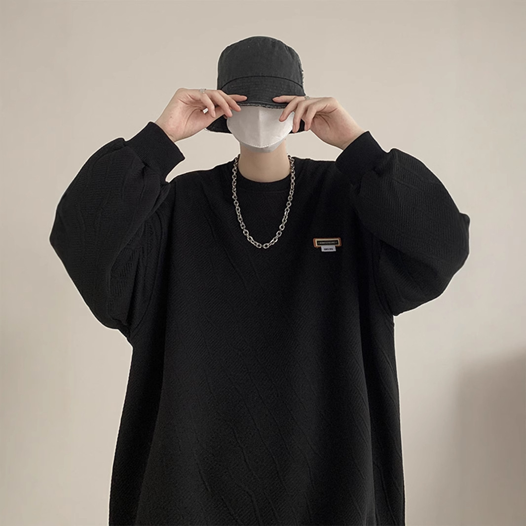 Textura suéter de cuello redondo los hombres Primavera y Otoño 2023 nueva marca moda ropa suelta pesada con capucha manga larga top