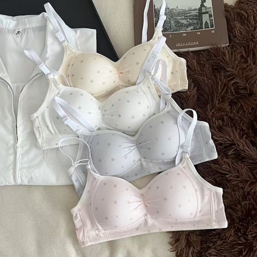 Cross-Border Girl Underwear Student Floral Large Breasts Showing Small Breasts No Rims Push-Up Thin Comfortable Breathable Bra