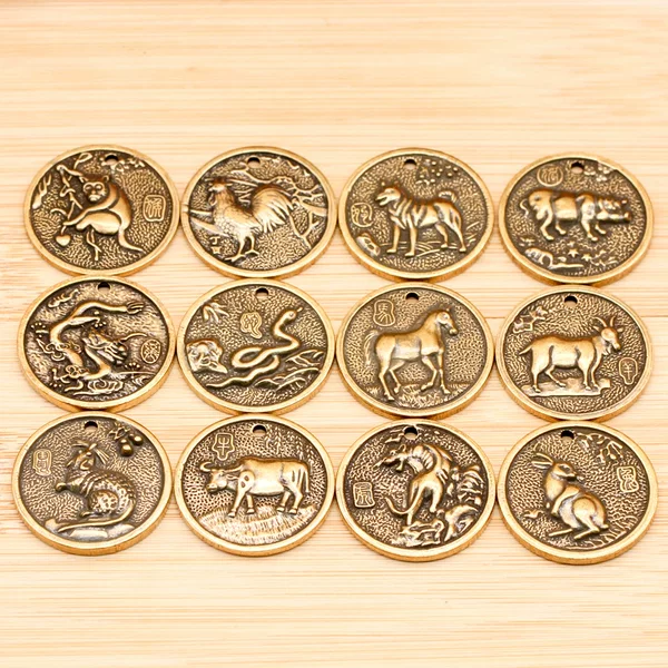 Pure Brass Twelve Zodiac Signs and Eight Trigrams Keychain Pendant Charm Bag Accessory Small Goods Wholesale in Stock
