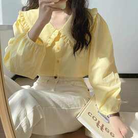 春季chic法式复古娃娃领上衣设计感小众奶甜衬衣奶黄色长袖衬衫女