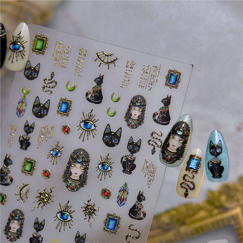 Gold-Stamped Egyptian Cat Nail Stickers Embossed 2026 New 3D Stereo European and American Punk Style Nail Decoration Stickers Gold-Stamped Egyptian Cat Nail Stickers Embossed 2026 New 3D Stereo European and American Punk Style Nail Decoration Stickers