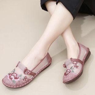 2025 New Old Beijing Cloth Shoes Women's Breathable Mesh Ethnic Style Embroidered Shoes Middle-Aged and Elderly Sandals Mom's Shoes