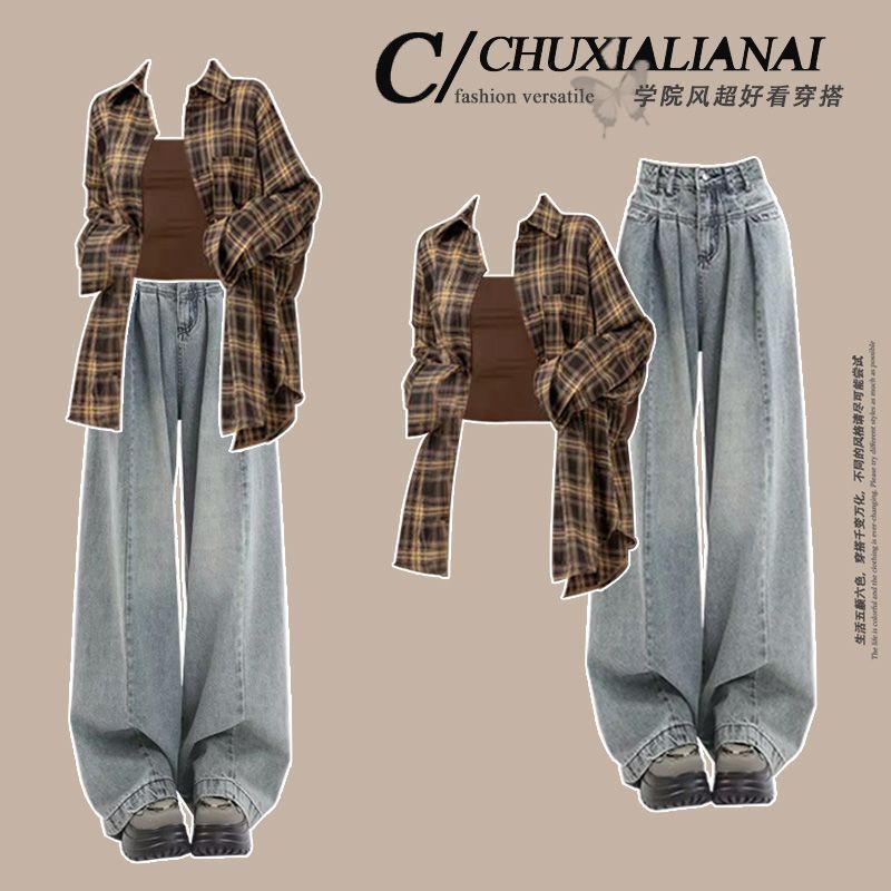 Fashionable Outfit # Fashionable Hong Kong-Style Striped Shirt Jacket with Long Sleeves Paired with Slim-Fit Retro Blue Versatile Jeans for Women. Fashionable Outfit # Fashionable Hong Kong-Style Striped Shirt Jacket with Long Sleeves Paired with Slim-Fit Retro Blue Versatile Jeans for Women.