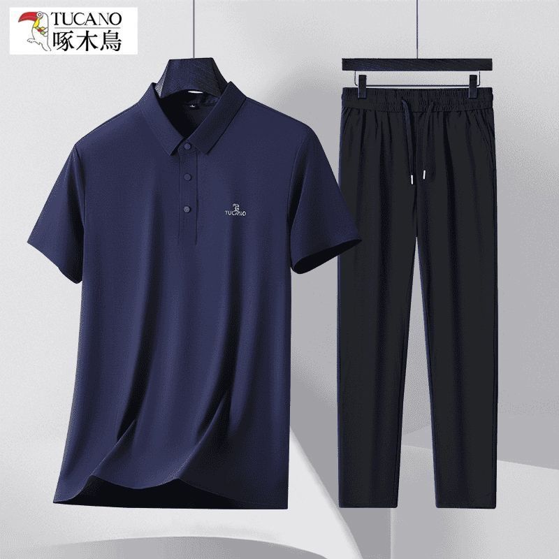 Navy blue short sleeves + black trousers