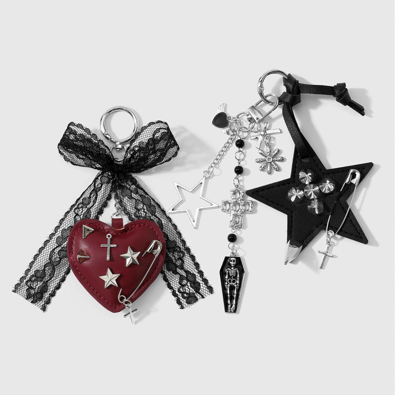 Punk Retro Leather Rivet Pin Heart Star Lace Bow Skull Cross Keychain Bag Pendant