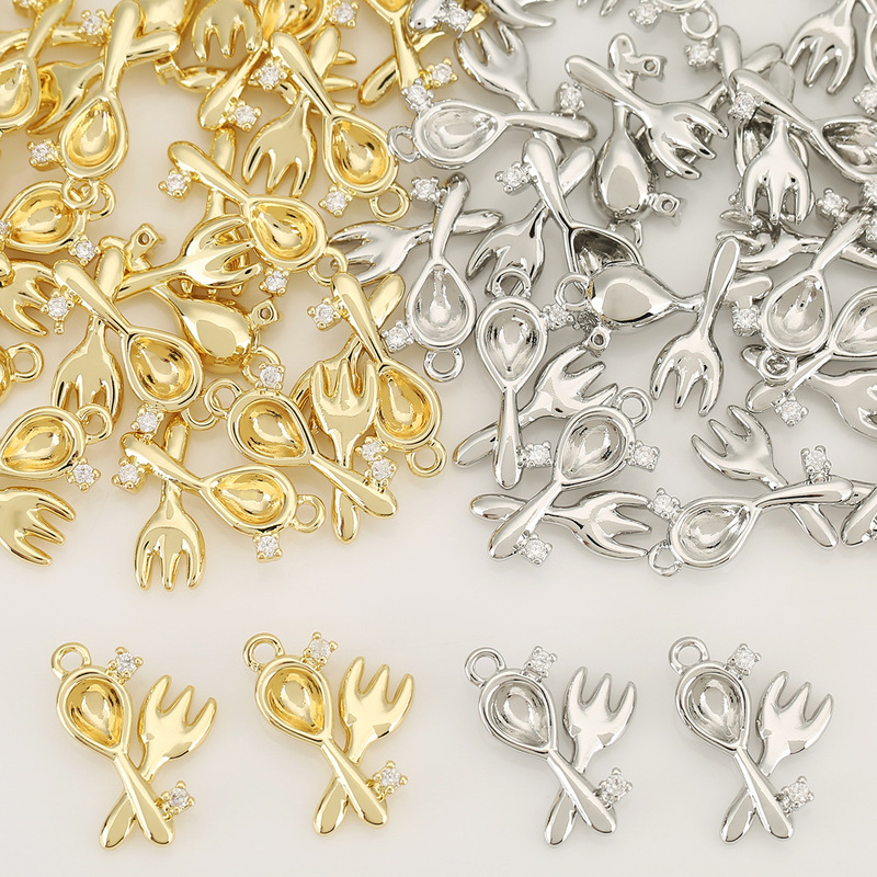 18K Gold-Plated Copper Tableware-Shaped Zircon-Inlaid Fork and Spoon Pendant Personalized DIY Jewelry Accessories