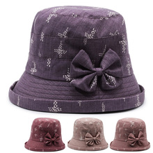 春夏季女帽印花蝴蝶结布帽可折叠盆帽布帽妈妈帽子渔夫帽防风时装