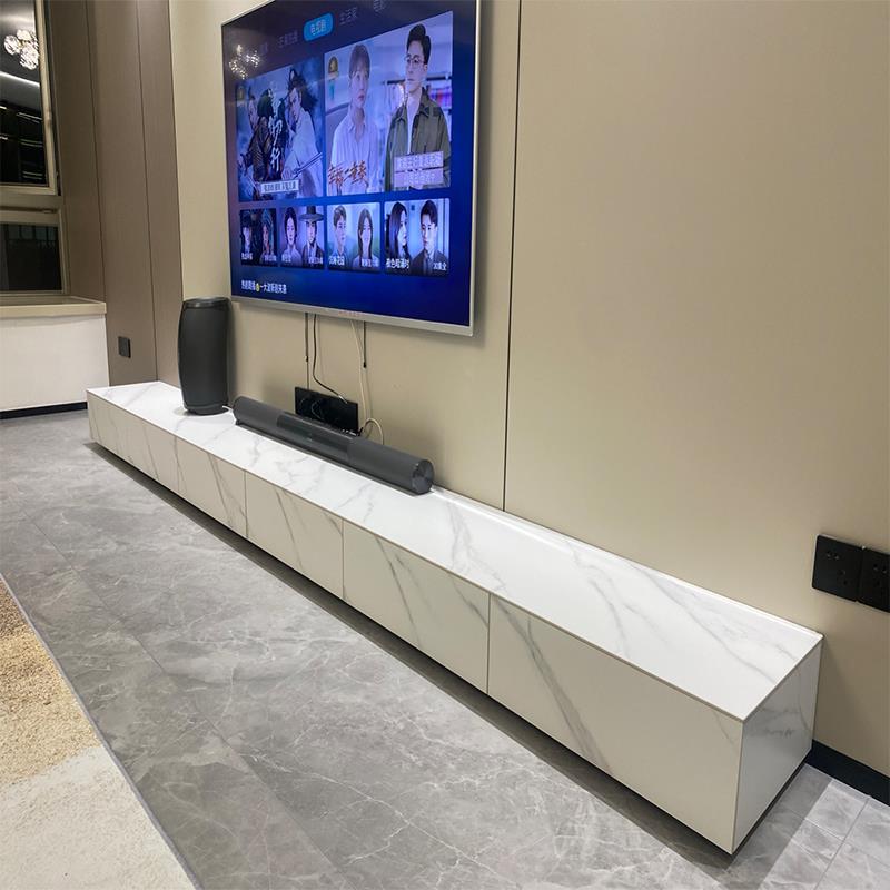 Glossy Slate Floor Suspended Modern Simple Small Apartment Floor-Standing Tv Cabinet Coffee Table Combination Background Wall Solid Wood Cabinet