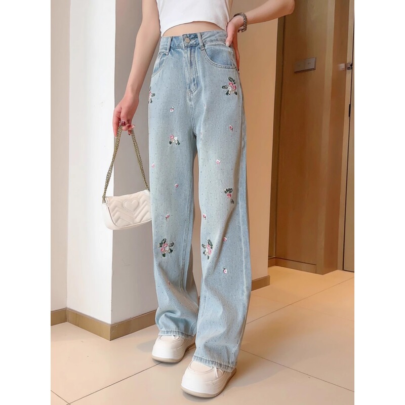 New Arrival Heavy Industry Flower Embroidered Casual Jeans Straight High Waist Slim Look Small Denim Pants A2953