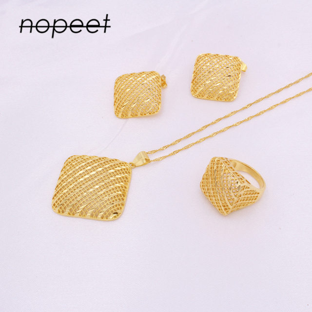 NOPEET Dubai 24K Gold Jewelry Set African Indian Ladies Bridal Necklace Pendant Earrings Ring Gift