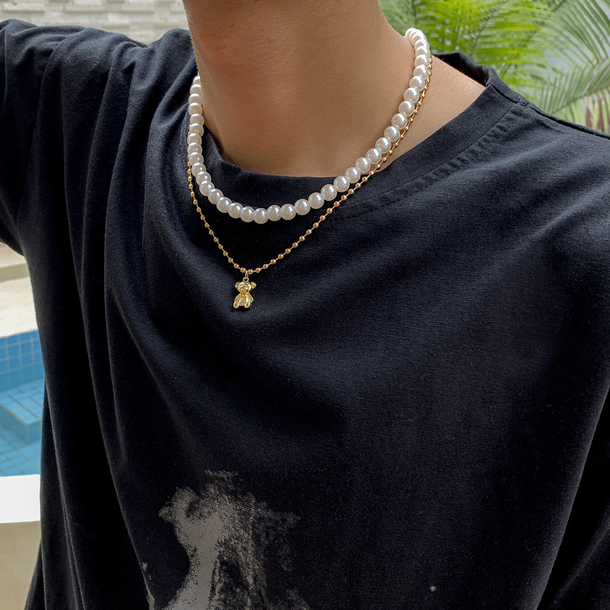 Fashion Bear Alloy Pearl Chain Layered Necklaces