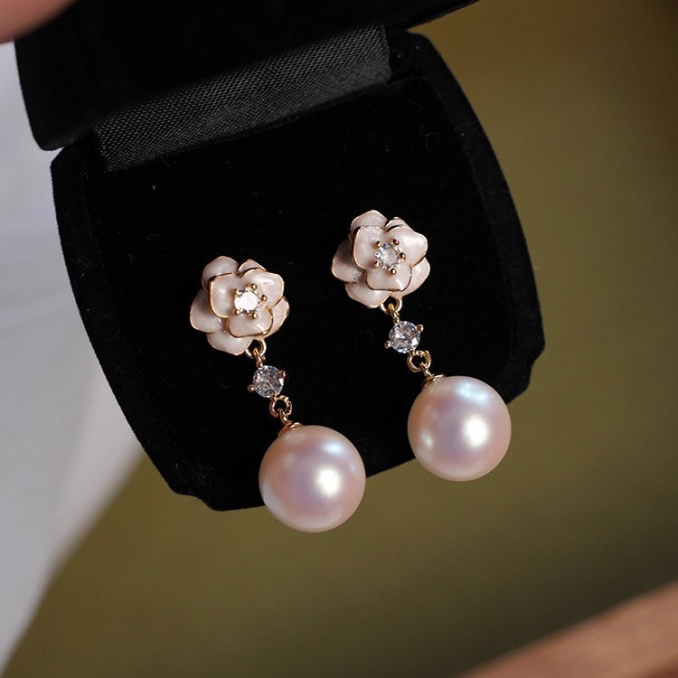 Mountain tea, earrings, retro enamel, ear clips from pearl, French vintage style, flowered