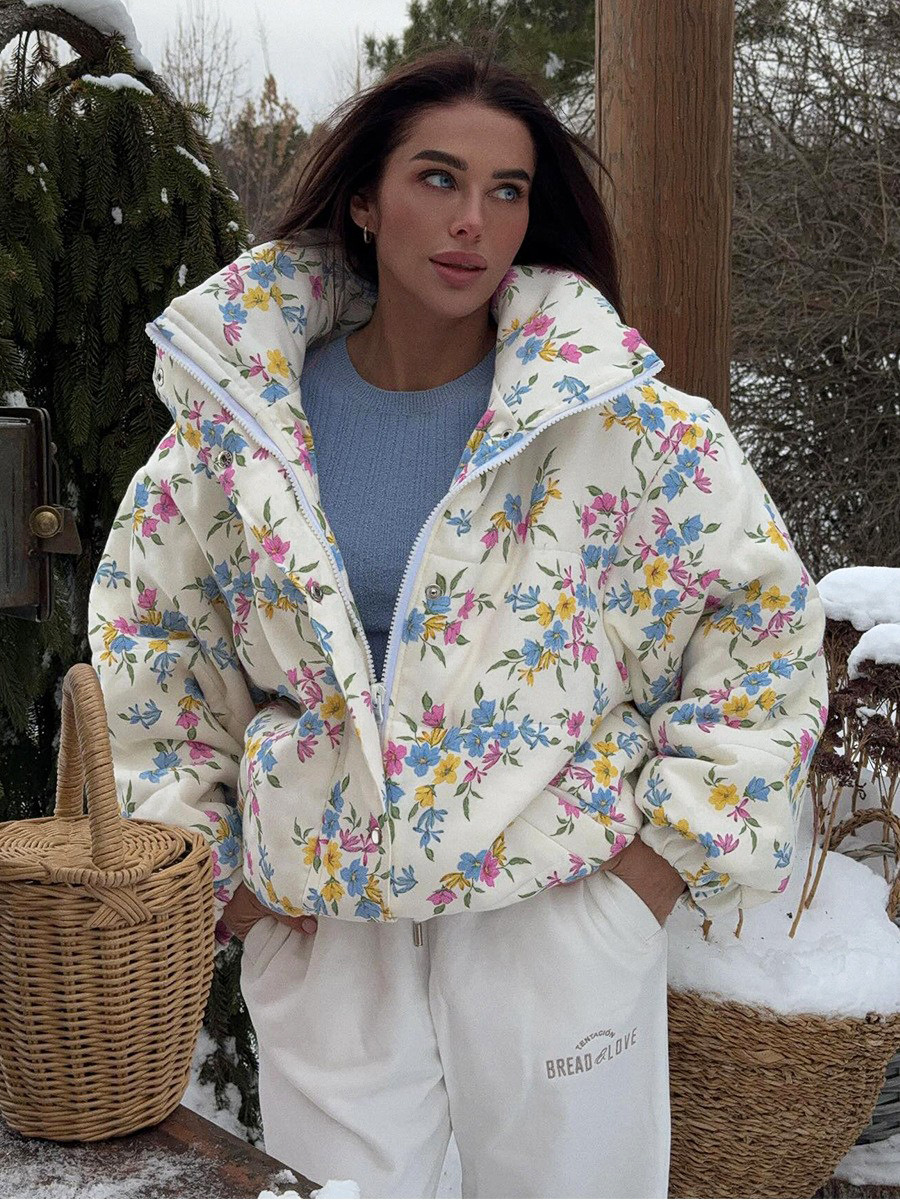 Comercio exterior transfronterizo impresión chaqueta de algodón mujer Europa y Estados Unidos otoño y invierno 2025 chaqueta de algodón con cremallera de cuello vertical chaqueta de algodón caliente chaqueta de algodón mujer
