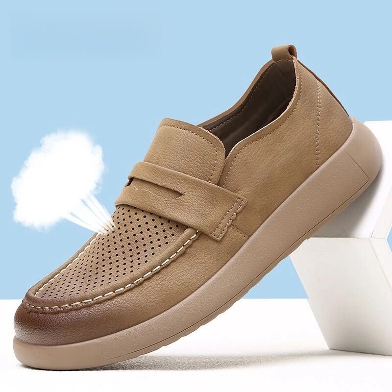 Giày lười nam mùa hè kiểu Anh, da lộn đục lỗ, đế bệt, mang êm chân — 2306 kaki rỗng, 2306 rỗng màu đen