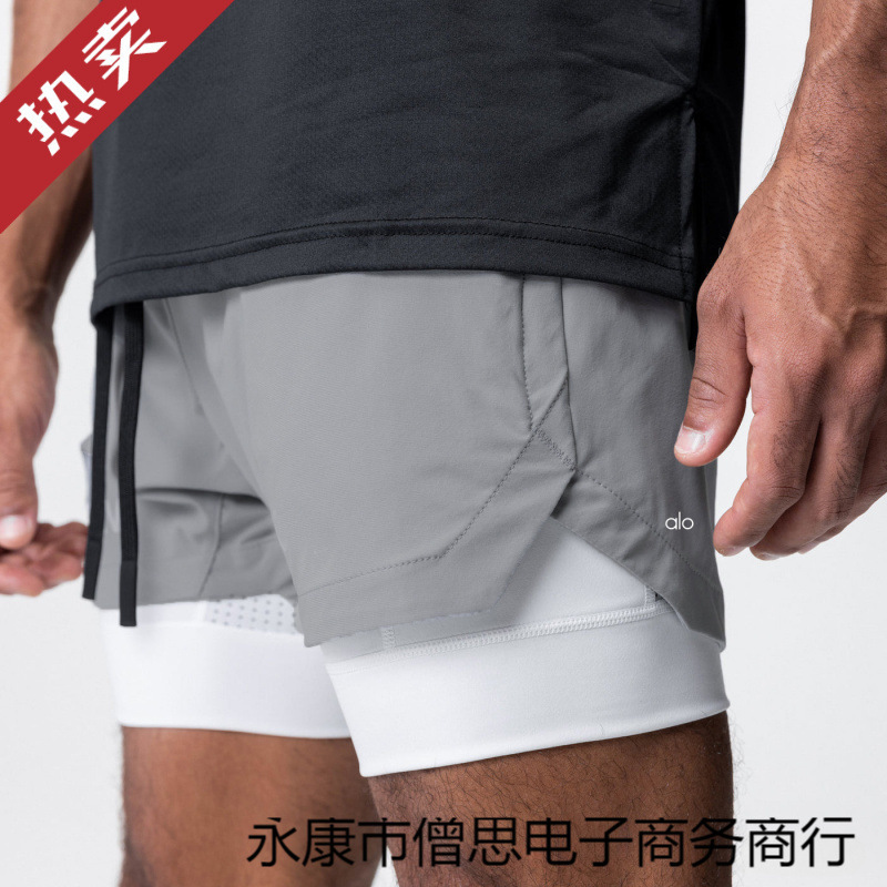 Alo Cross-Border Men's Fitness Sports Shorts Running Muscle Training Elastic Quick-Drying American Double-Layer Basketball Shorts