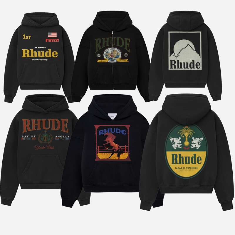 25Ss Cross-Border European and American Trendy Brand Rhude Geometric Pattern Letter Print Hooded Sweatshirt Men's American High Street Jacket