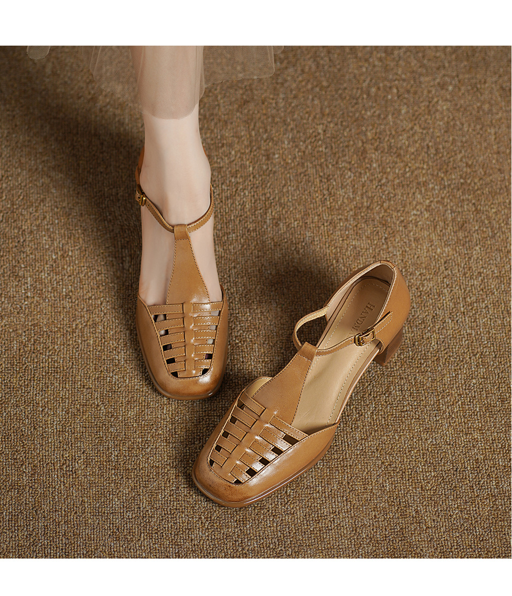 Sandal nữ da bò dệt quai chữ T kiểu La Mã, đế thấp thoáng mát — đen chi tiết 6