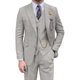 新款人字呢男式西装修身新郎西服套装舞会宴会三件套晚宴礼服