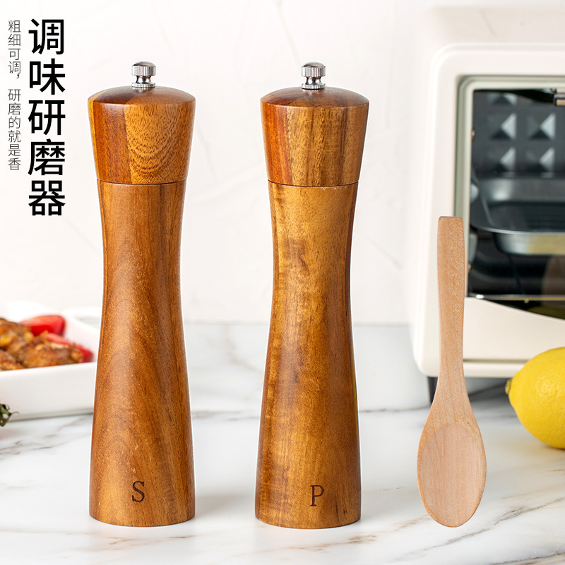 アカシア木胡椒研磨器キッチン手動胡椒ミル家庭用サンショウ海塩研磨瓶セット調味缶|undefined