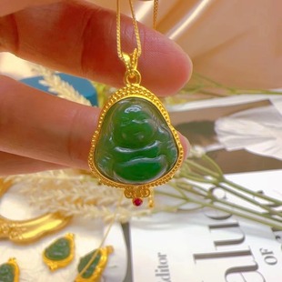 18K Gold Inlaid Jasper Smiley Buddha Buddha Pendant Lady Au750 Gold Inlaid Hetian Jade Factory Straight Hair