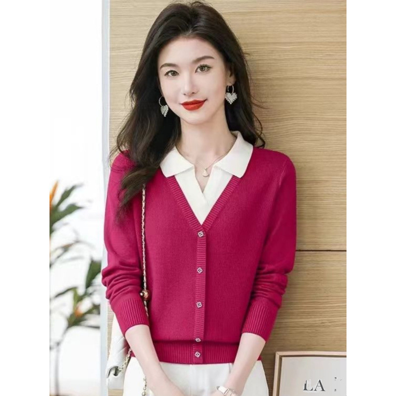 假两件POLO领针织衫毛衣女秋冬新款拼色高档保暖韩版短款打底上衣|undefined