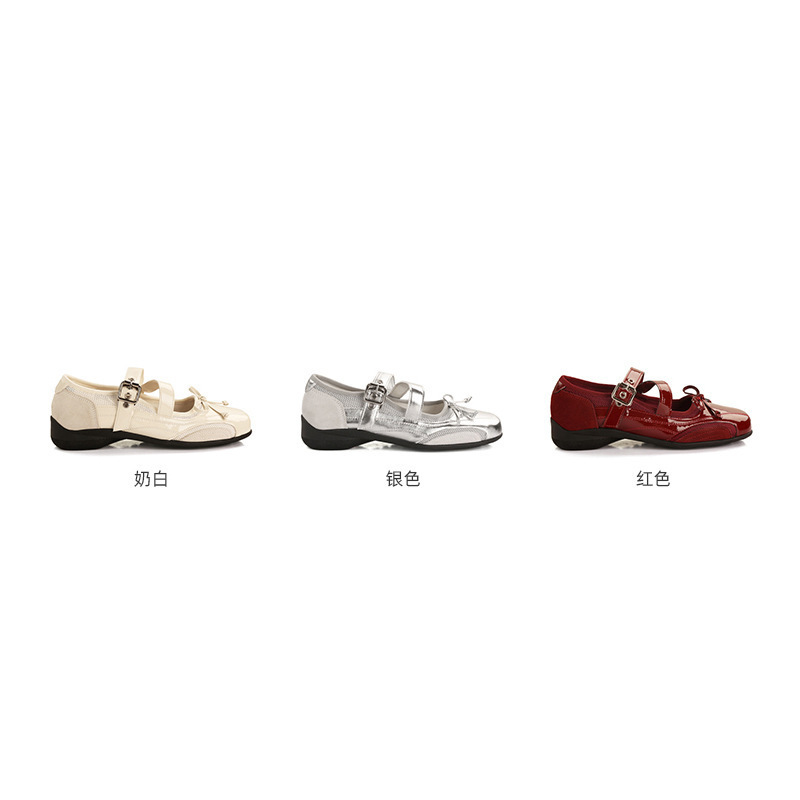 羊皮版~葡萄妈同款交叉带软底软面一字扣带增高圆头蝴蝶结单鞋女|undefined