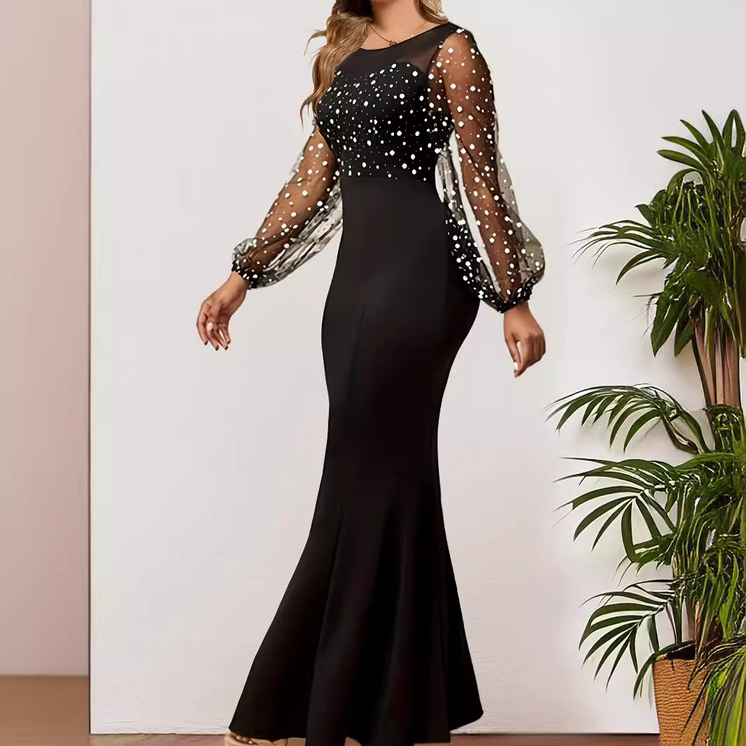 Women's Clothing elegant dress solid color mesh sequin stitching high waist long slim evening dress_voghion.com