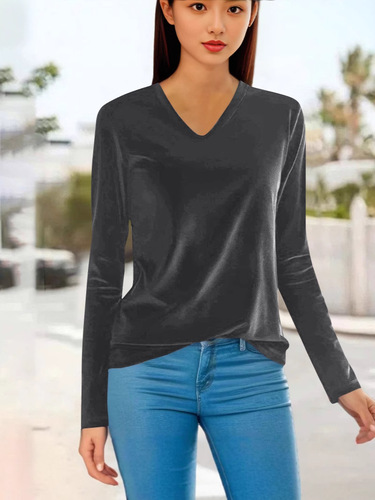 European and American gold velvet bottomed shirt, women's spring long-sleeved V-neck T-shirt, pure color, women's clothing, all-matching, slim fit and slimming
