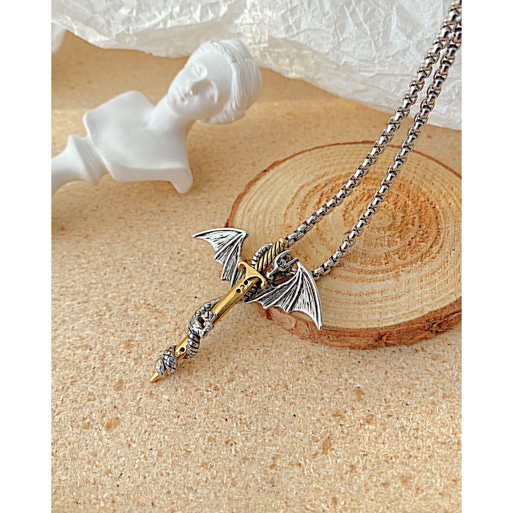 Taobao Supply European and American Trendy Men's Rock Fashion Pterosaur Golden Sword Men's Titanium Steel Necklace