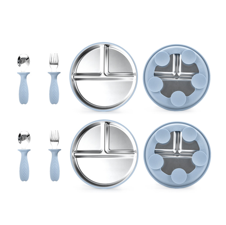 회색 및 파란색 6개 - 실리콘 스테인리스 스틸 디너 접시 2개 + 스테인리스 스틸 포크 및 스푼 2쌍