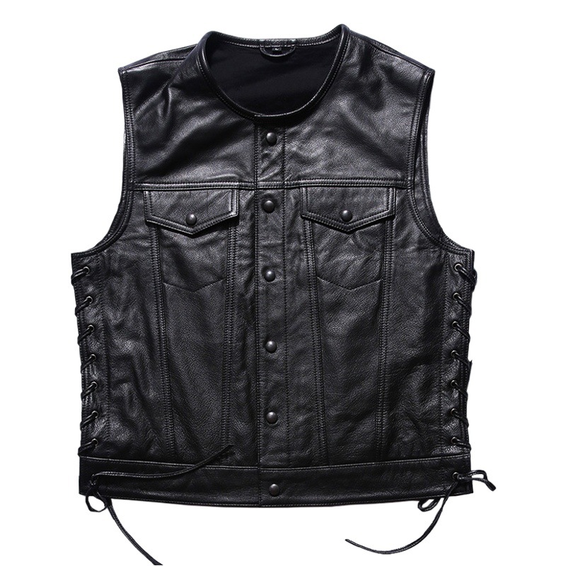 Harley Chaleco de la motocicleta de cuero de roca Chaleco de los hombres cuello redondo casual cintura corta superior capa de vaca chaleco