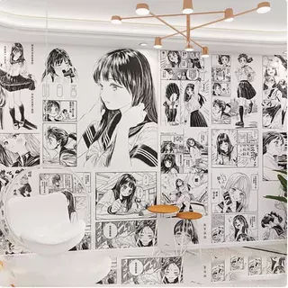 卡通黑白漫画墙纸二次元剧本杀女仆馆背景墙壁纸网红动漫墙布