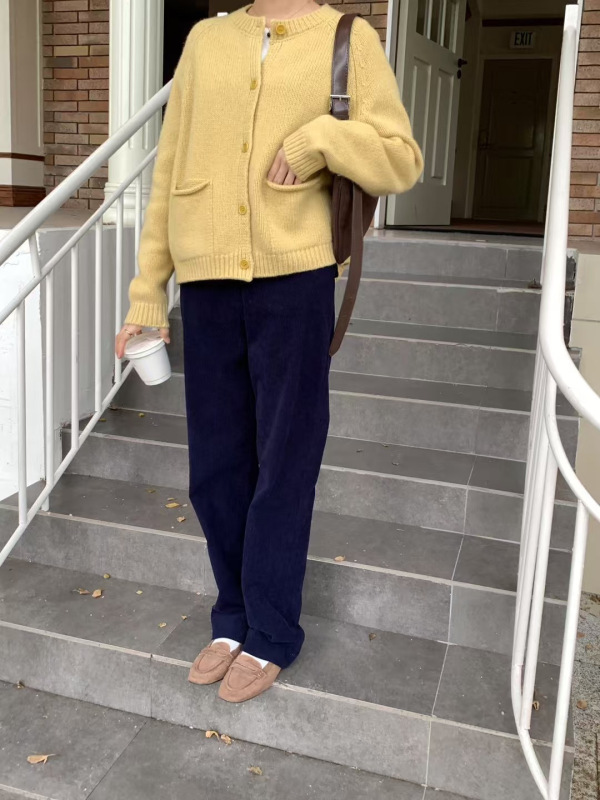 毛衣宽松慵懒女圆领纯色百搭宽松韩系卷边口袋毛衣针织开衫A7024|undefined