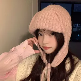 网红温柔风绑带护耳针织帽 女士冬季加厚保暖粗线毛线帽简约百搭