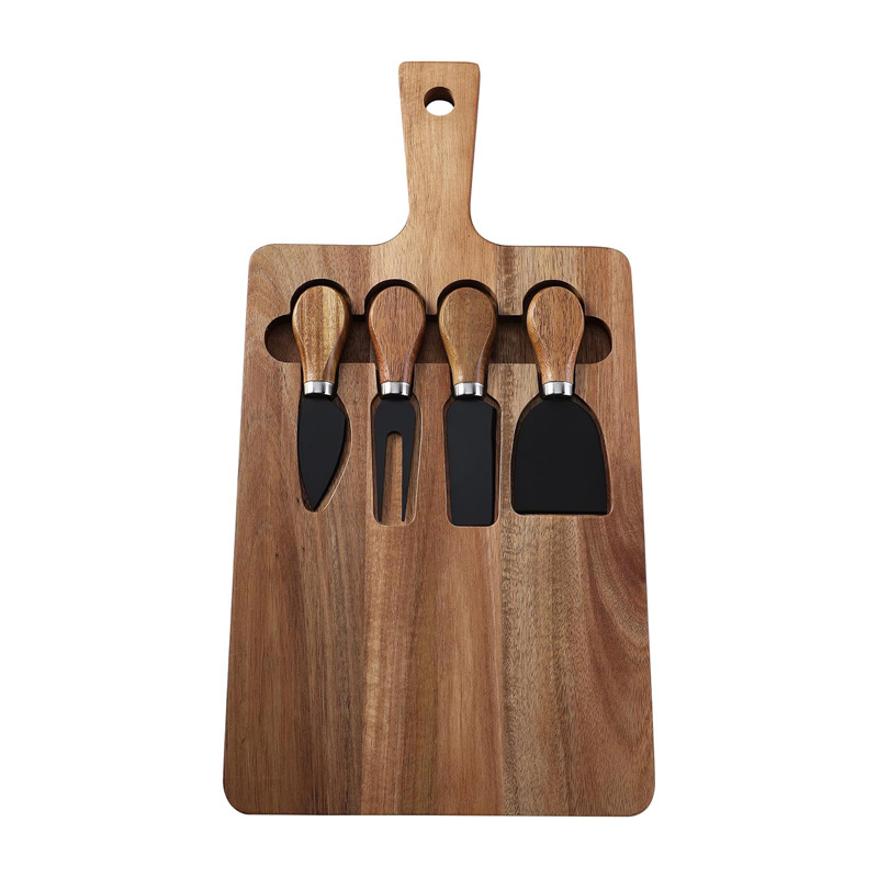 Tabla de cortar de madera con cuchillo y tenedor traje de tablero de queso tabla de cortar multifunción con mango fruta postre bandeja de Bambú