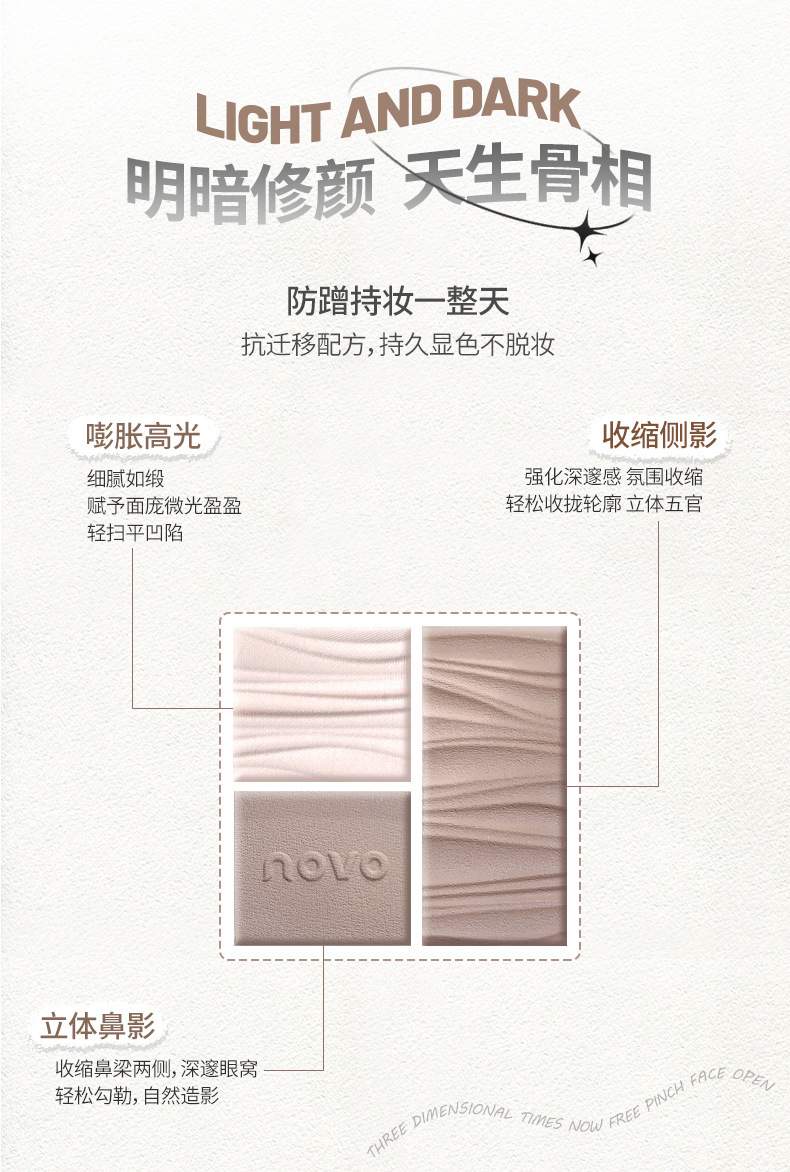 NOVO Multi-effect Three-color Facial contouring Tray for three-dimensional brightening of the face, highlighting the under-eye contour, side profile and nose profile, and all-in-one contouring tray undefined