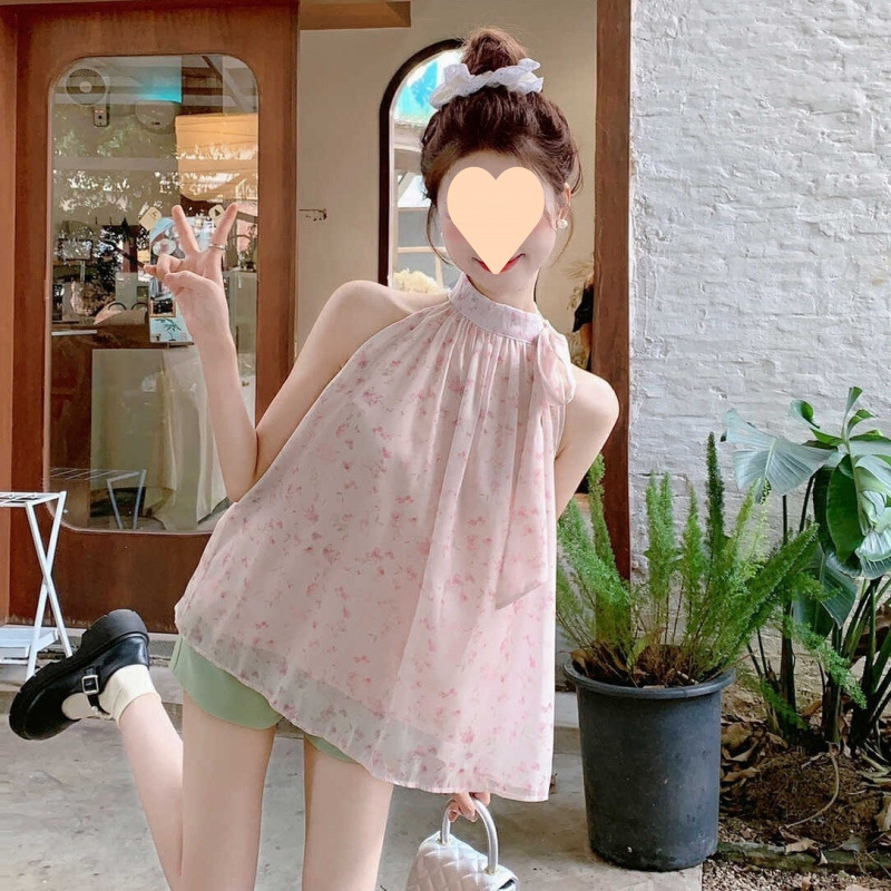 甘い首の花の袖なしのシフォンのシャツの女性の夏の新型の名媛の肩の高級感の独特な上着の女性|undefined