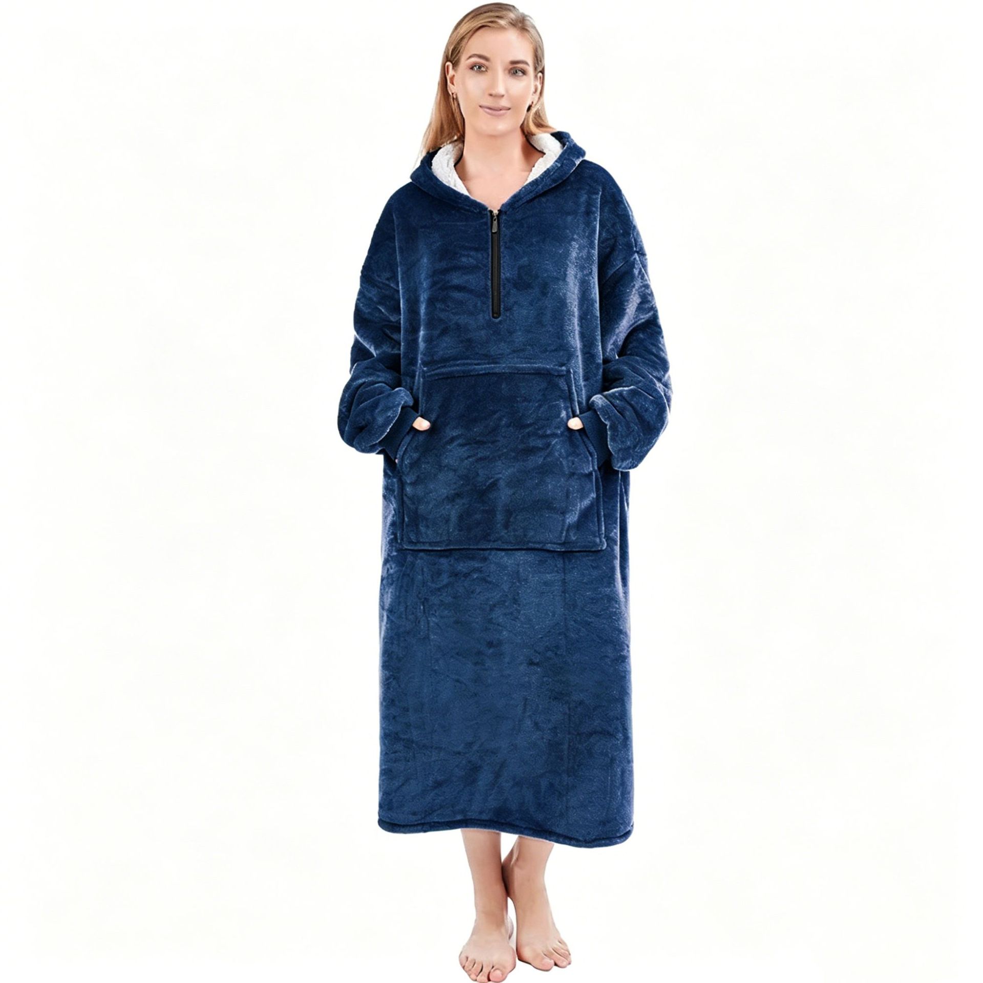 D60复合短拉链连帽睡衣外套 blanket法兰绒懒人毛毯家居服