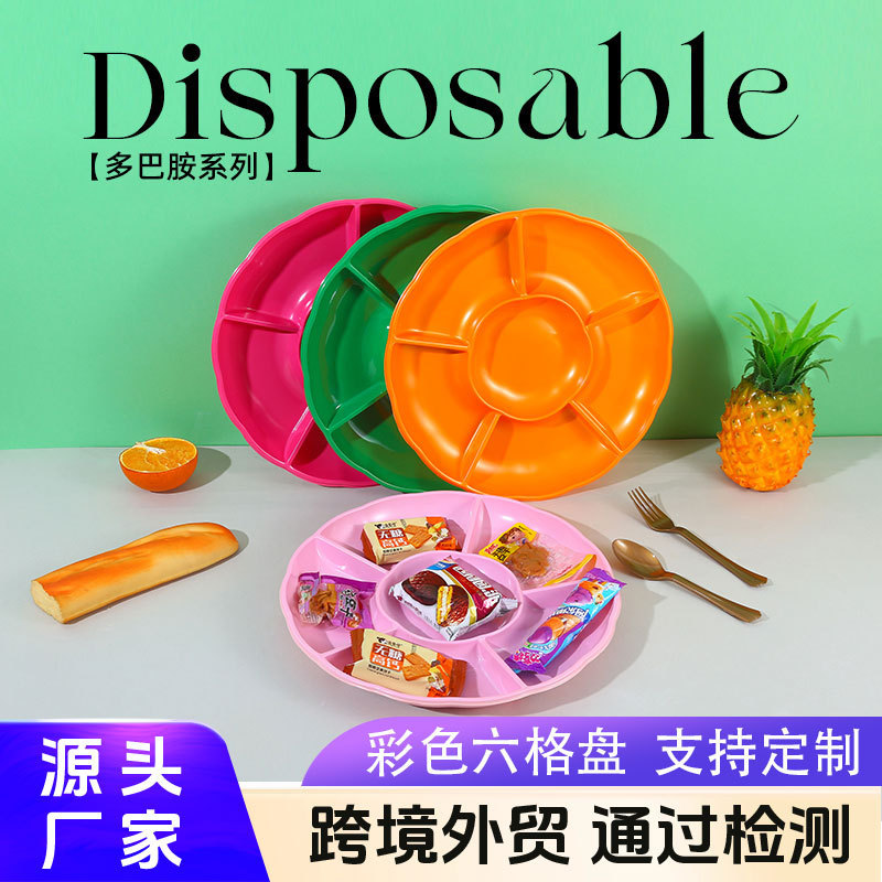 Cross-border disposable dinner plate PS plastic six-grid salad plate household party snacks disposable plate 12 inch fruit plate Cross-border disposable dinner plate PS plastic six-grid salad plate household party snacks disposable plate 12 inch fruit plate