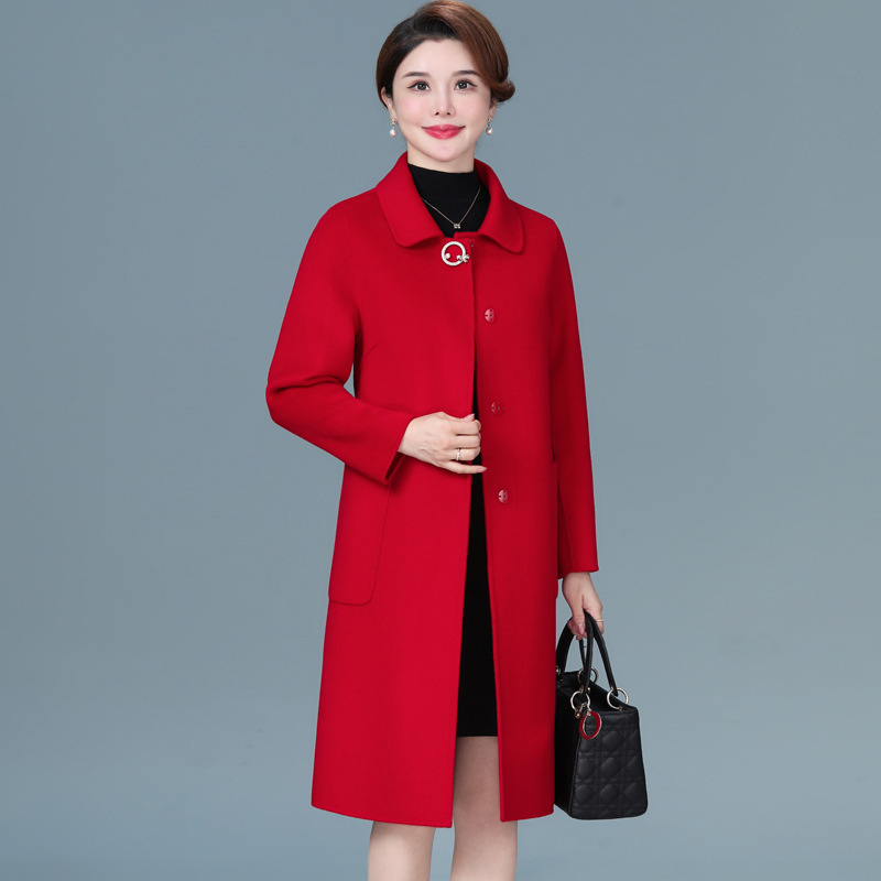 Red Double-sided Wool Cashmere Coat Mid-long Mother's Autumn and Winter Wedding Banquet Fashion Woolen Coat for Middle-aged and Elderly
