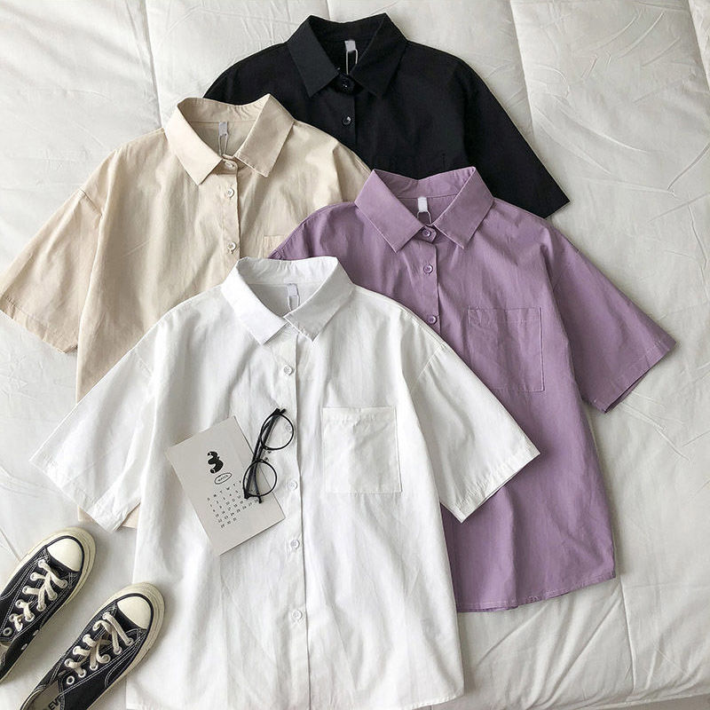 Solid Color Short-Sleeved Shirt for Women Summer 2022 New Korean Style Loose and Versatile Single-Breasted Polo Collar Top Student Trend