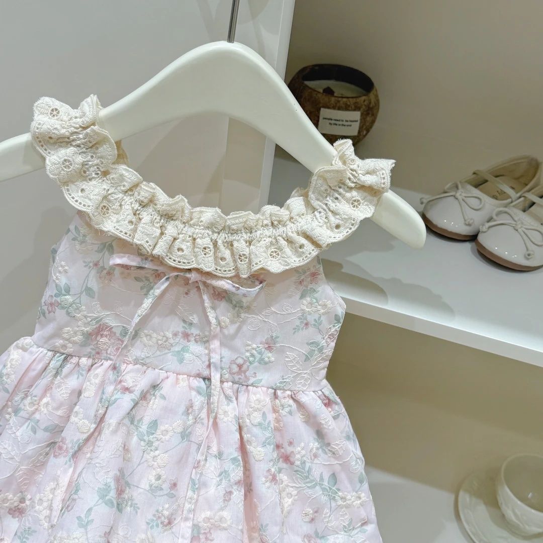 Vestido floral de verano para siete niñas con limón salado, nuevo vestido de cabestrillo de estilo occidental para bebés, vestido de princesa de encaje con mangas voladoras de verano