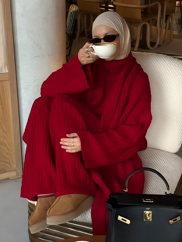 Bộ đồ len dệt kim nữ áo chui đầu tay dài và quần dài, họa tiết xoắn, phong cách Âu Mỹ — Màu xám (không bao gồm khăn quàng cổ) chi tiết 62