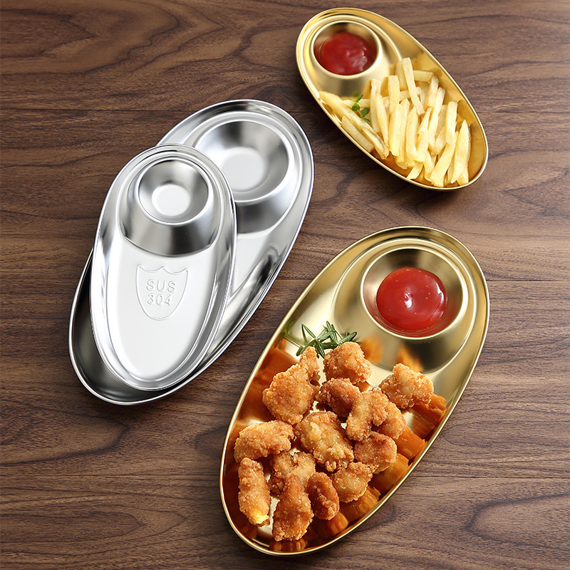 304不鏽鋼餃子盤蛋型炸雞薯條點心碟子橢圓形帶調料格金色小吃盤